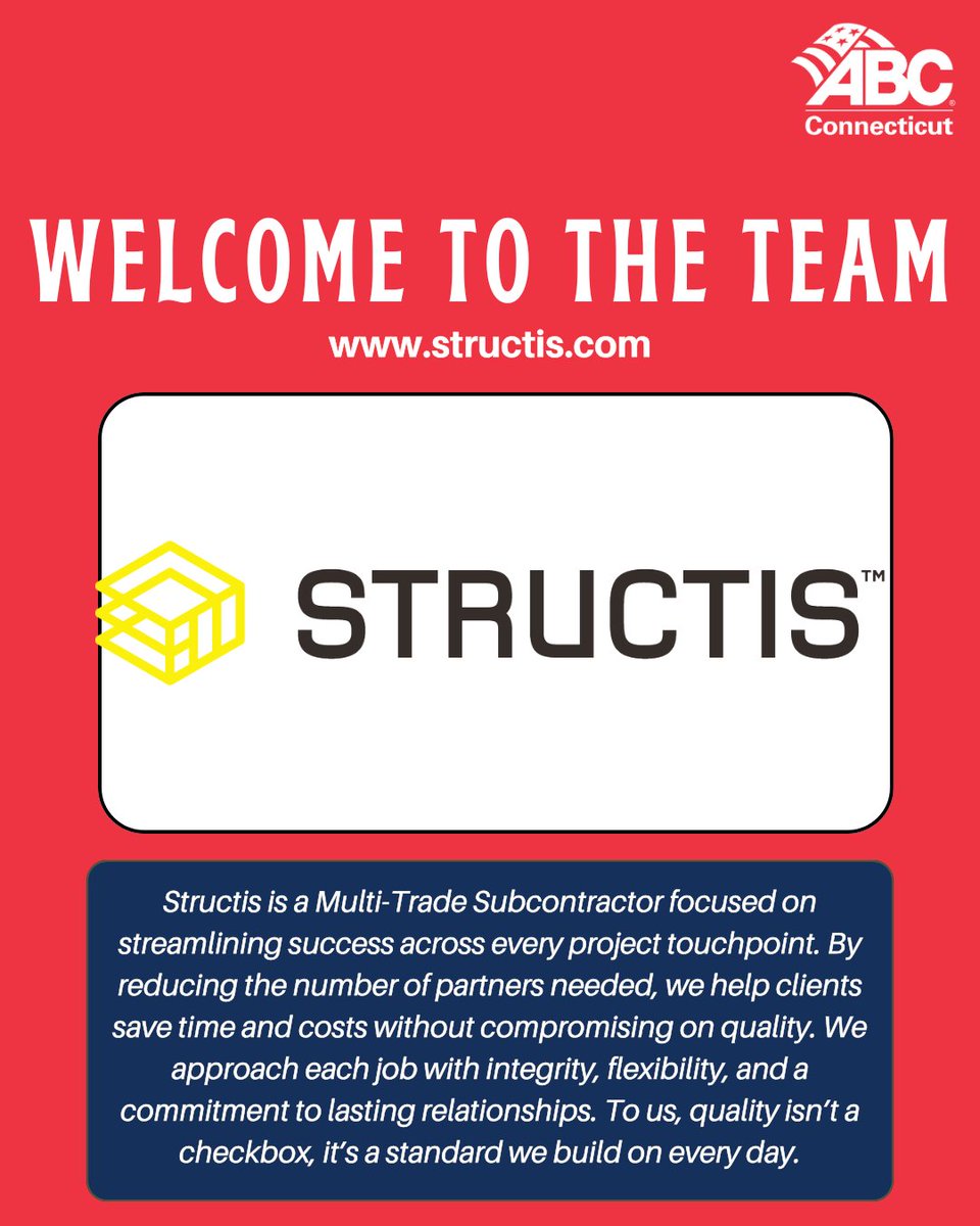 Welcome to ABC CT, Structis! 

This multi-trade subcontractor helps streamline project success by saving time, cutting costs, and delivering dependable results. They lead with integrity, flexibility, and a high standard of quality.

#abcmeritshopproud #ctabc