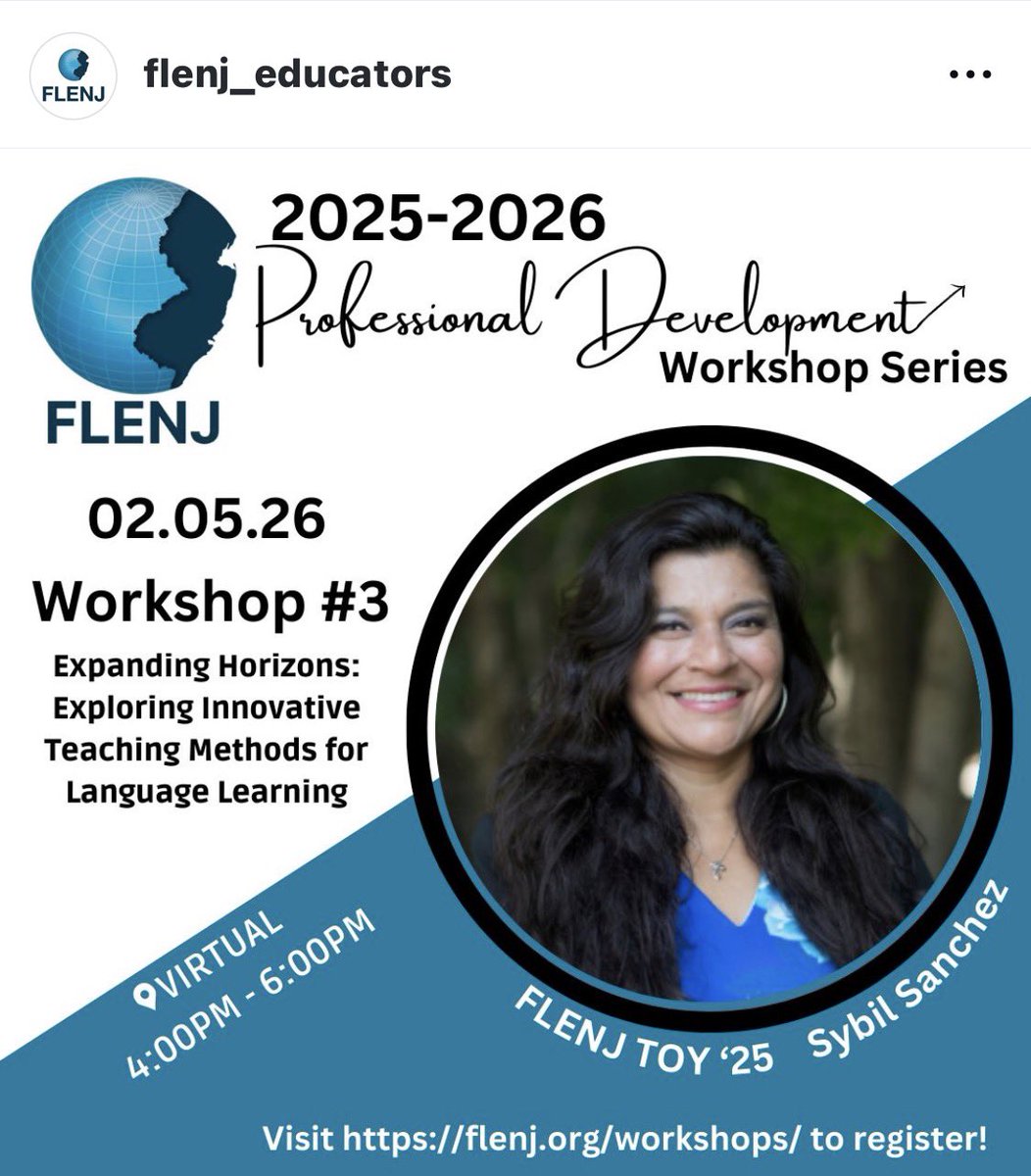 Only ✨ 2✨  weeks until our first workshop of 2026‼️ 😍 Join the 2025 FLENJ Teacher of the Year, Sybil Sanchez, at a virtual workshop Discover practical, ACTFL-aligned strategies and creative tools. More info &amp; registration at this link ➡️ flenj.org/portfolio-item…