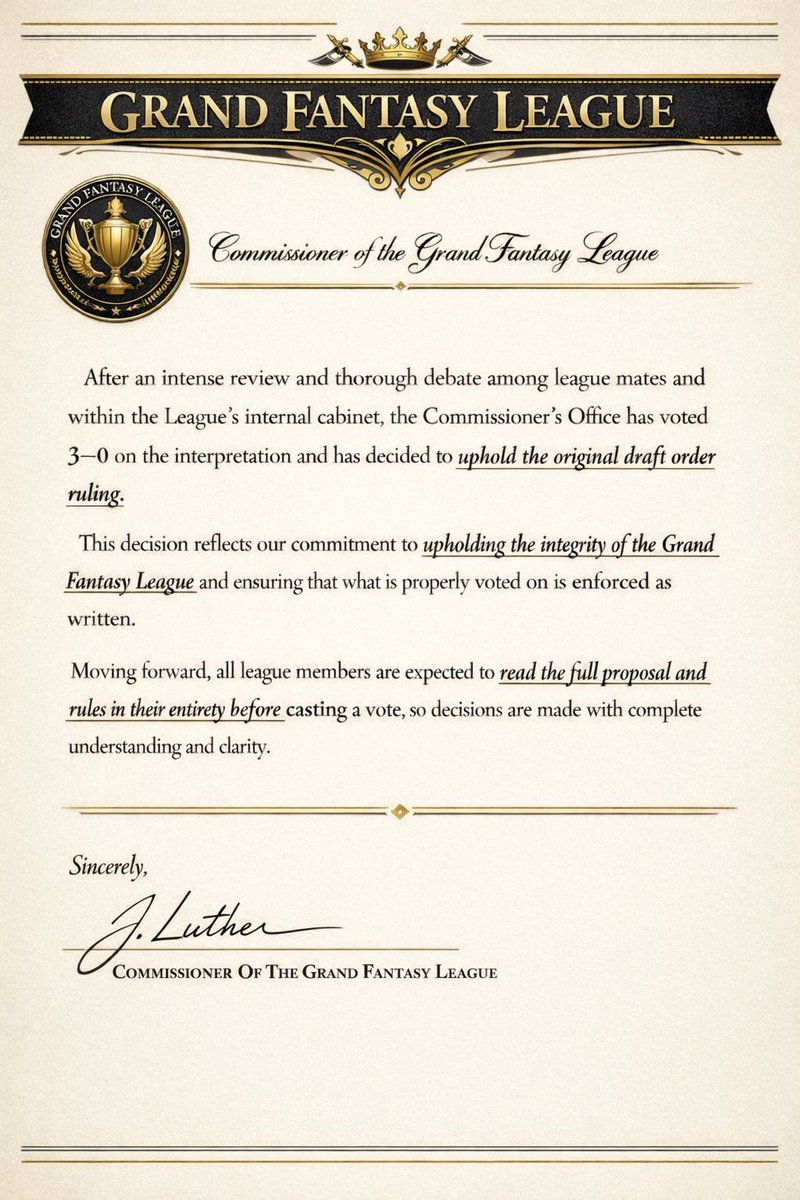 DailyTrollGFL's tweet photo. BREAKING:
The Commissioner and his cabinet have reached a decision regarding draft order and the divisions draft. 

Order: 1 The draft order will not be reversed despite the league vote. 

Order 2: The Division Draft will return, reversing the previously commish order. https://t.co/pgw73LdiCJ