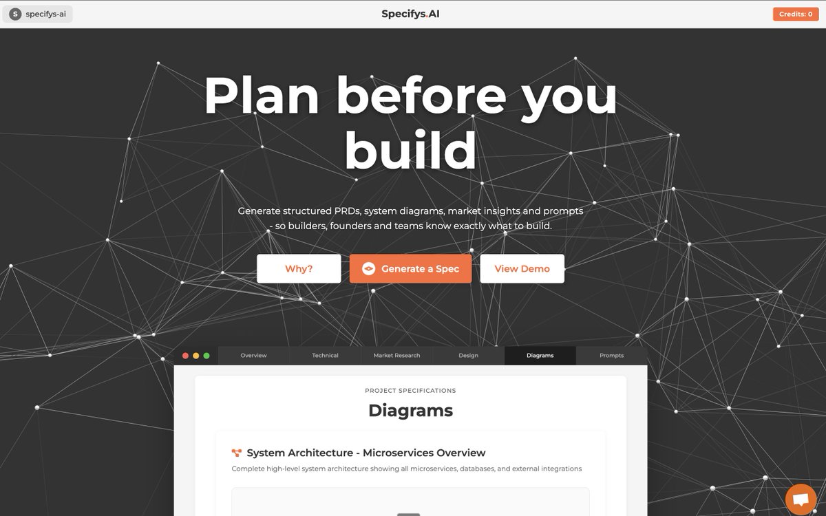 specifysai's tweet photo. Most AI app builders promise speed: one prompt, one app.
In reality, what breaks first is planning.
I built https://t.co/0g5ZIjSorM to focus on structured specs, architecture, schemas, mockups, and step-by-step build plans - for apps that actually last. https://t.co/IPlzYp7b49