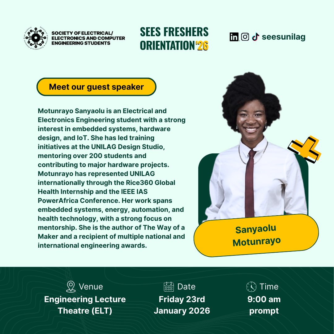 SEESUnilag's tweet photo. The classroom gives you knowledge. Life teaches you how to use it.

SEES invites you to Freshers’ Orientation - curated to prep you for more than lectures and exams.

Theme: Made for More: Beyond the Classroom

🗓 23rd, Jan. 2026
📍 Engineering Lecture Theatre (ELT) https://t.co/EjF3Yephhd