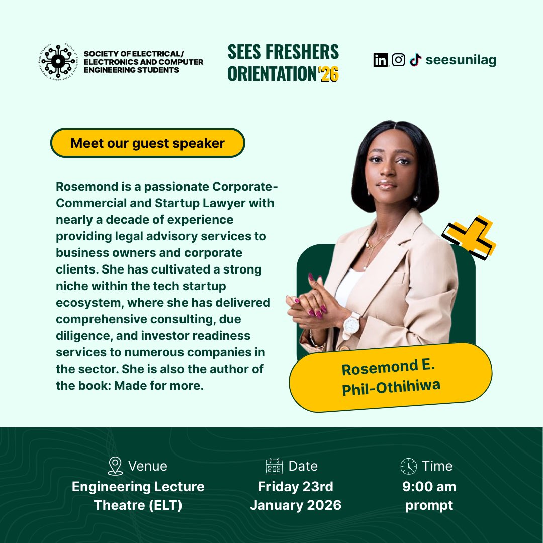 SEESUnilag's tweet photo. The classroom gives you knowledge. Life teaches you how to use it.

SEES invites you to Freshers’ Orientation - curated to prep you for more than lectures and exams.

Theme: Made for More: Beyond the Classroom

🗓 23rd, Jan. 2026
📍 Engineering Lecture Theatre (ELT) https://t.co/EjF3Yephhd
