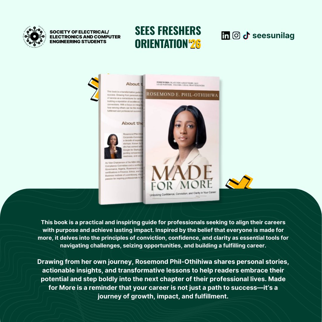 SEESUnilag's tweet photo. The classroom gives you knowledge. Life teaches you how to use it.

SEES invites you to Freshers’ Orientation - curated to prep you for more than lectures and exams.

Theme: Made for More: Beyond the Classroom

🗓 23rd, Jan. 2026
📍 Engineering Lecture Theatre (ELT) https://t.co/EjF3Yephhd