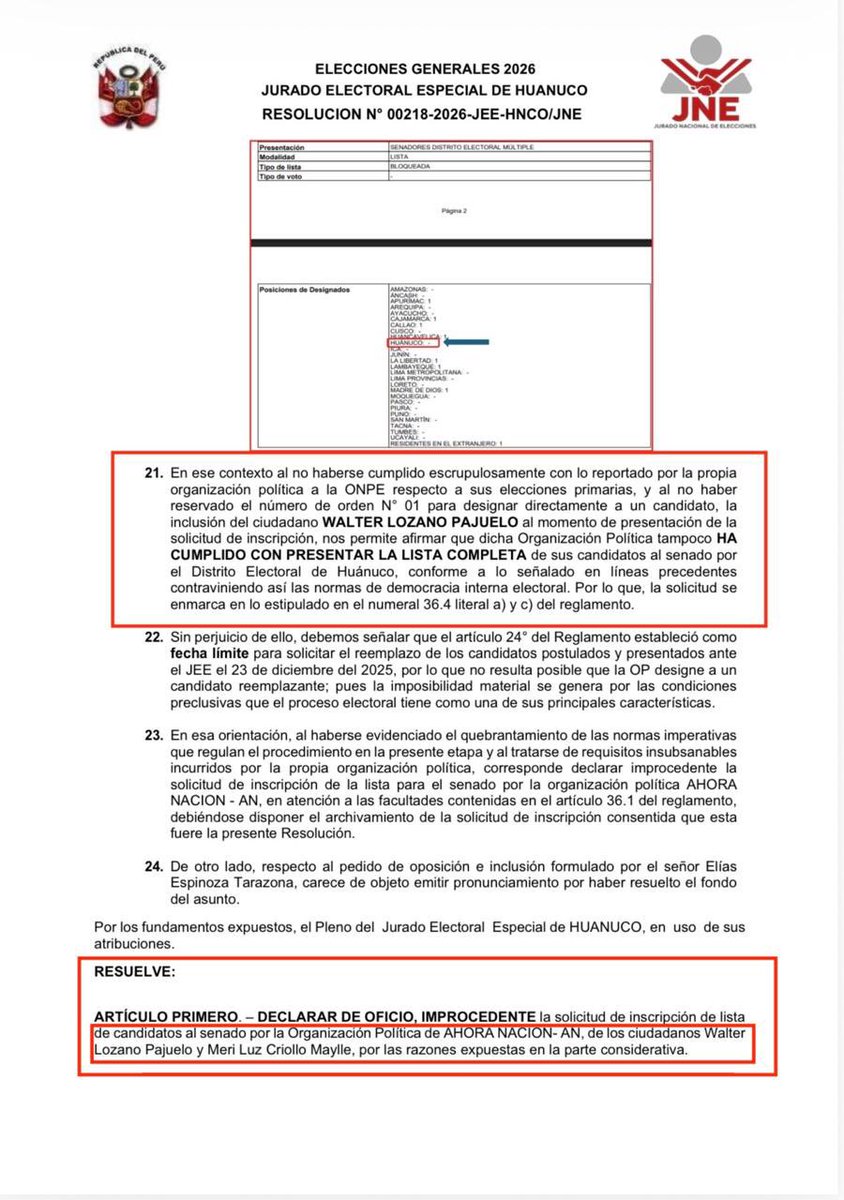 cparedesr's tweet photo. 🚨Se cae candidatura del coronel PNP en retiro Walter Lozano Pajuelo “Bica” al senado como invitado del partido “Ahora Nación” de Alfonso López Chau. El JEE-Huánuco declara improcedente su inscripción por no respetar la democracia interna del partido. JNE debe ratificar decisión. https://t.co/kCDpTCB1vb
