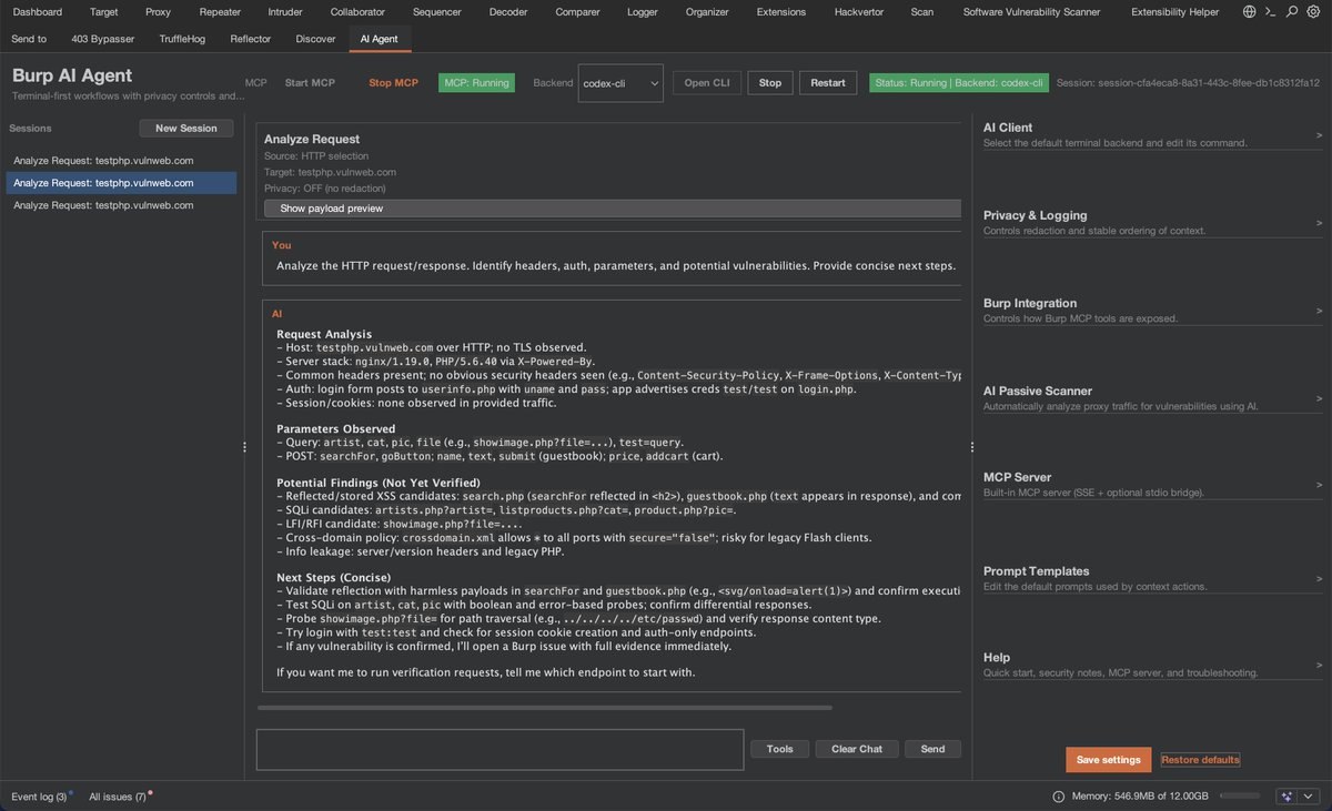 Six2dez1's tweet photo. Dev diary: Burp AI Agent
- Chat-first layout + sessions
- Context actions route to chat
- Creates issues
- Passive scanner
- Collapsible config
- Backend picker: @OpenAI, @claudeai, @GeminiApp, @ollama, @lmstudio, @opencode

Suggestions r welcome

#hacking #bugbounty #pentesting https://t.co/i5HKY4qE4u