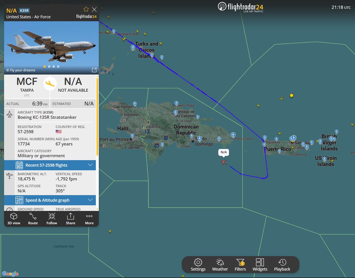 Flightwatcher1's tweet photo. #USAF KC-135R Stratotanker
Código de llamada: DREW11
Matrícula: 57-2598
Hex: #ae015a
Desde MacDill AFB🇺🇸 hasta Santo Domingo🇩🇴
De visita por su base principal y ya de vuelta
#RepublicaDominicana #SOUTHCOM #OpSouthernSpear https://t.co/VlropokVMZ
