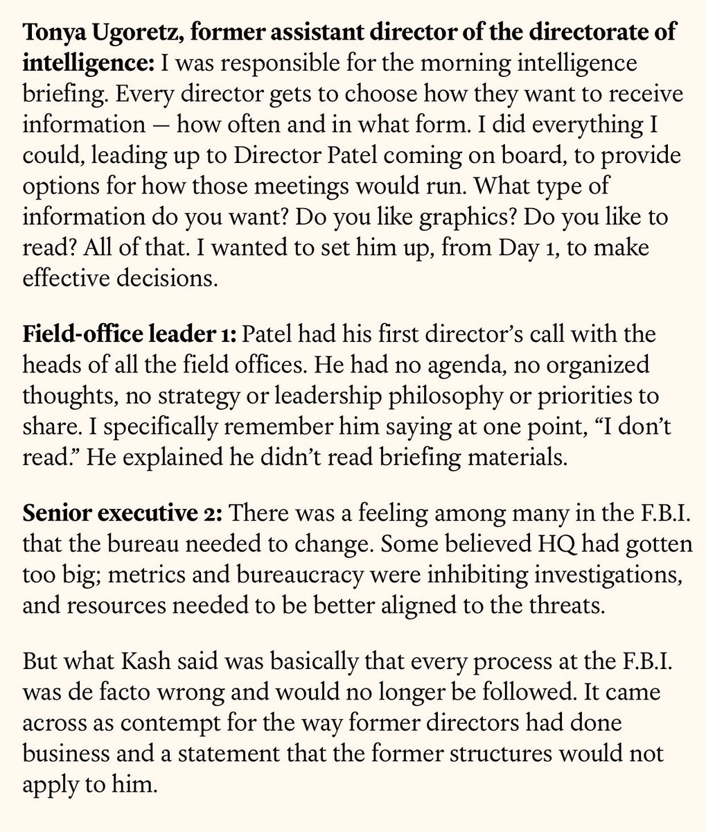 karlykingsley's tweet image. “He doesn’t like meetings in office settings. He wants Premier League games. He wants to go jet skiing. He’d like a helicopter tour.”
— officials describing Kash Patel

The director of the FBI hates office work and thinks the agency is his Make-A-Wish.