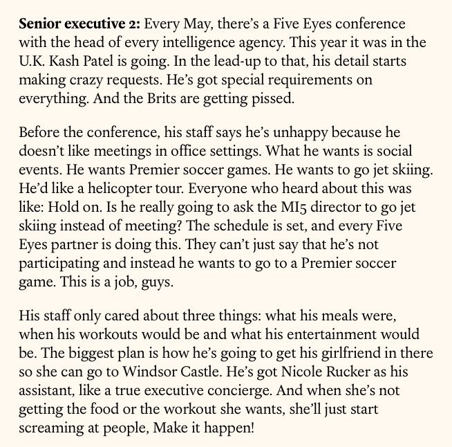 karlykingsley's tweet image. “He doesn’t like meetings in office settings. He wants Premier League games. He wants to go jet skiing. He’d like a helicopter tour.”
— officials describing Kash Patel

The director of the FBI hates office work and thinks the agency is his Make-A-Wish.