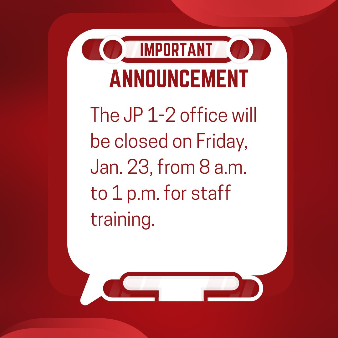 hayscountygov's tweet photo. Notice: The Hays County Justice of the Peace Pct. 1, Pl. 2 office will be closed tomorrow, January 23, 2026, from 8:00 AM to 1:00 PM for staff training.
For assistance, please email jp1-2@hayscountytx.gov or make payments online at https://t.co/hrDoD4WDqQ. https://t.co/3uehoybtrq