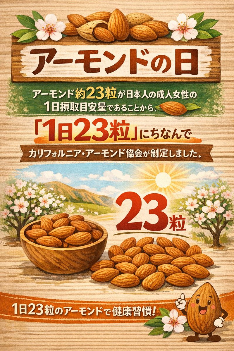 おはようございます！
今日も笑顔満点の1日になりますように！😊

今日は【アーモンドの日】
アーモンド約23粒が日本人成人女性の1日摂取目安量であることから
「1日23粒」にちなんでカリフォルニア・アーモンド協会が制定したそうです！

今日が誕生日の人っていますかー？🤚🏻