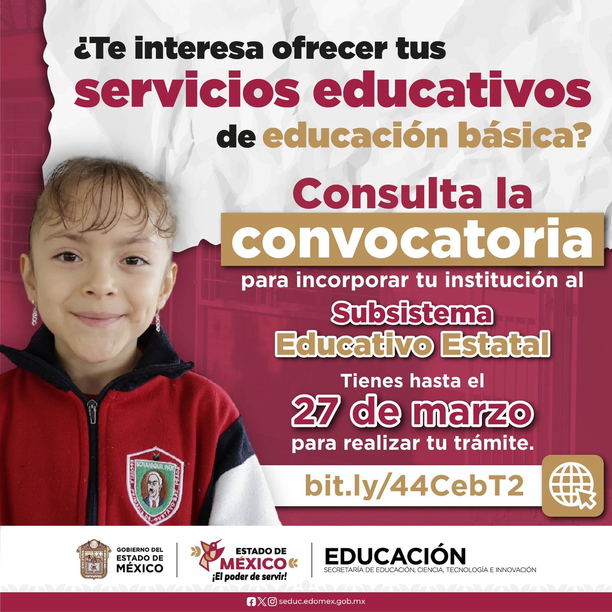 SeducEdoMex's tweet photo. 📖🎒 ¿Quieres ofrecer servicios educativos de educación básica?
Consulta la convocatoria para incorporar tu institución al Subsistema
Educativo Estatal.

🗓 Tienes hasta el 27 de marzo para realizar tu trámite.

🔗 https://t.co/vXq1Rg4L2J https://t.co/vE4DIuBtjE