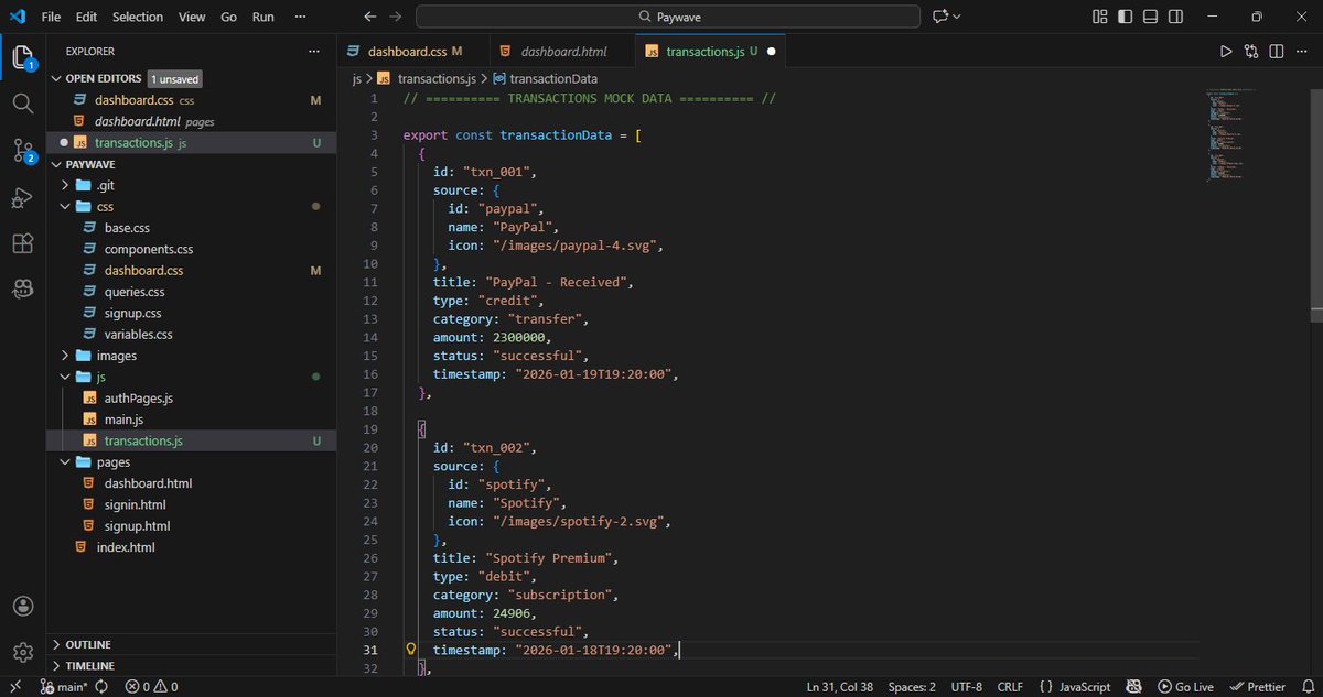 Sammysplendor's tweet photo. Day 11/100

#100DaysOfCodeAndDesign with @SarcasticGeek4u 

Project: Paywave 
Project type: Fintech Web App 

I'm working on the transaction history logic with this mock data I created as this is just a frontend-only project. No backend.

#BuildingInPublic #CodingDaily https://t.co/vSTDOvSoDh