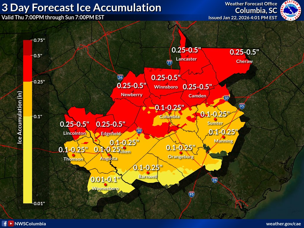 Freezing rain leading to accumulating ice expected to be the primary impact this weekend with increasing confidence in significant impacts for portions of the area.
Our latest forecast discussion is available here: 
youtu.be/TKhATRO5iIY?si…
#scwx #gawx