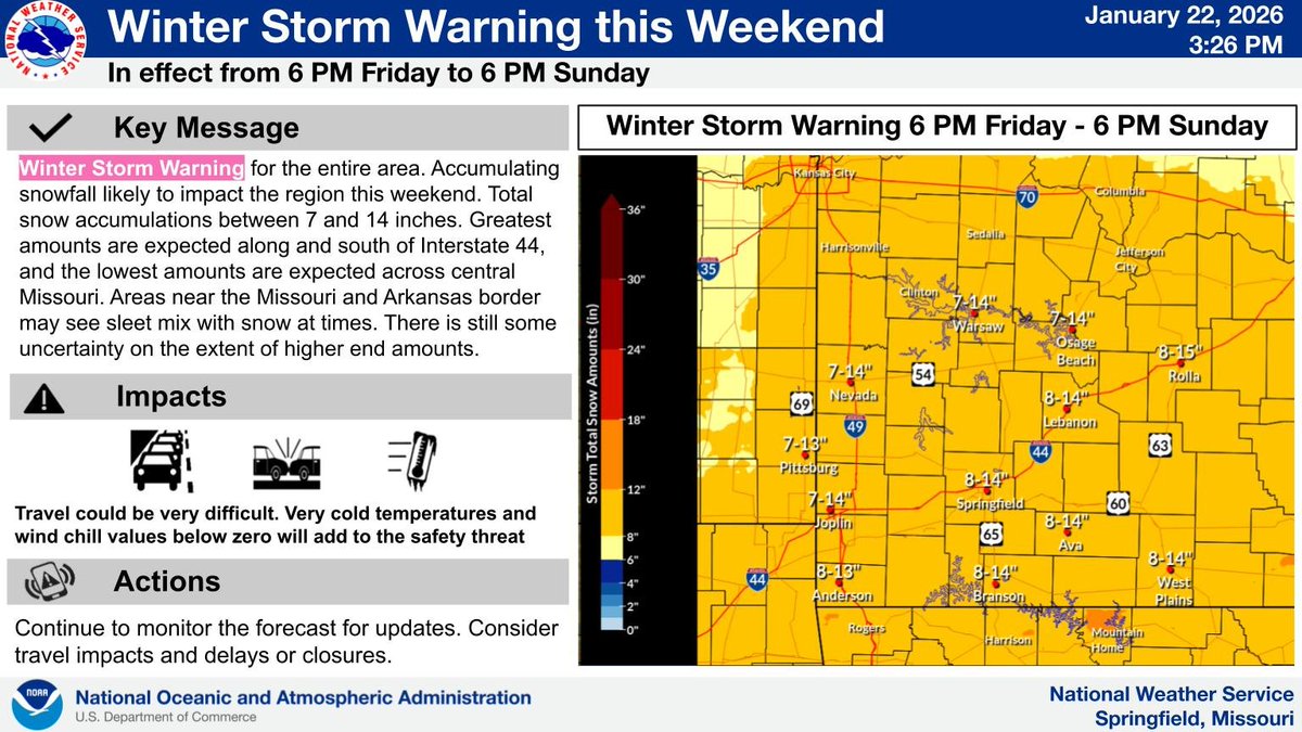 NWSSpringfield's tweet photo. A Winter Storm Warning has been issued for the entire forecast area from 6 p.m. Friday until 6 p.m. Sunday. Significant snowfall of 7-14" is expected along with bitter cold temperatures. Forecast snowfall amounts will continue to be refined with future forecasts. #mowx #kswx https://t.co/G8QMVIVedU
