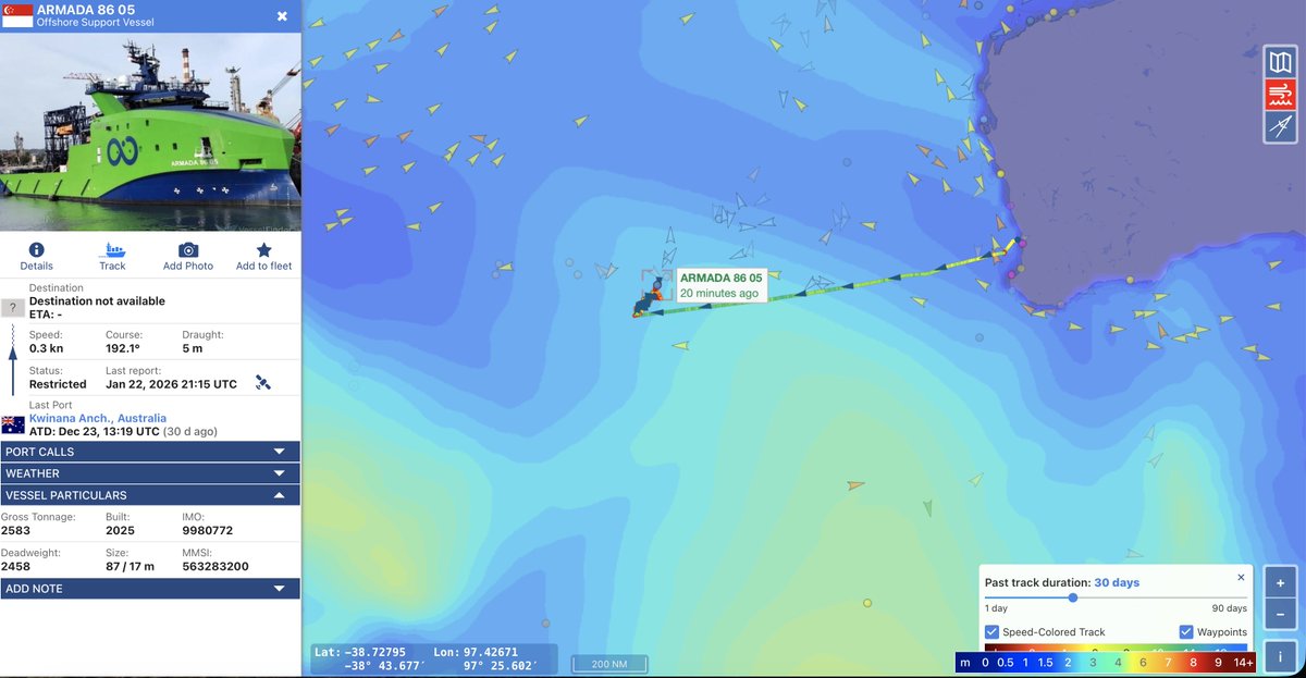 jaysguitars's tweet image. #MH370 #OceanInfinity
Here is a current look at Armada 86 05's position and track in the Northern part of the search area. Weather will likely return in a couple of days which may coincide with a trip to port. #vesselfinder