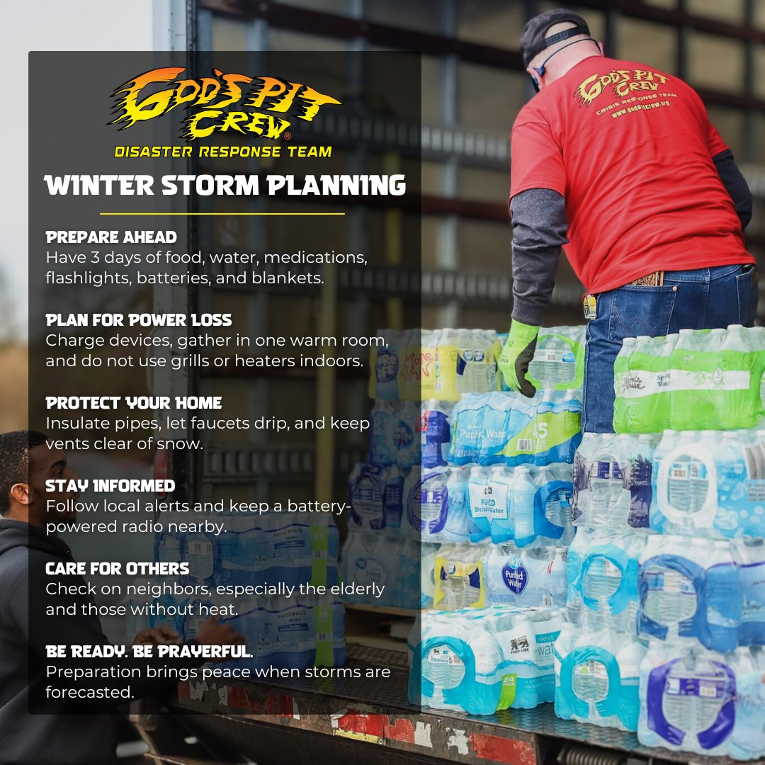 GodsPitCrew's tweet image. Our teams at #GodsPitCrew are actively monitoring the winter weather &amp;amp; are ready to respond to help bring relief, resources, &amp;amp; hope however possible as needs arise.

Here are a few disaster preparedness tips to keep in mind as you make your plans. ❄️

#WinterStorm #WeatherSafety