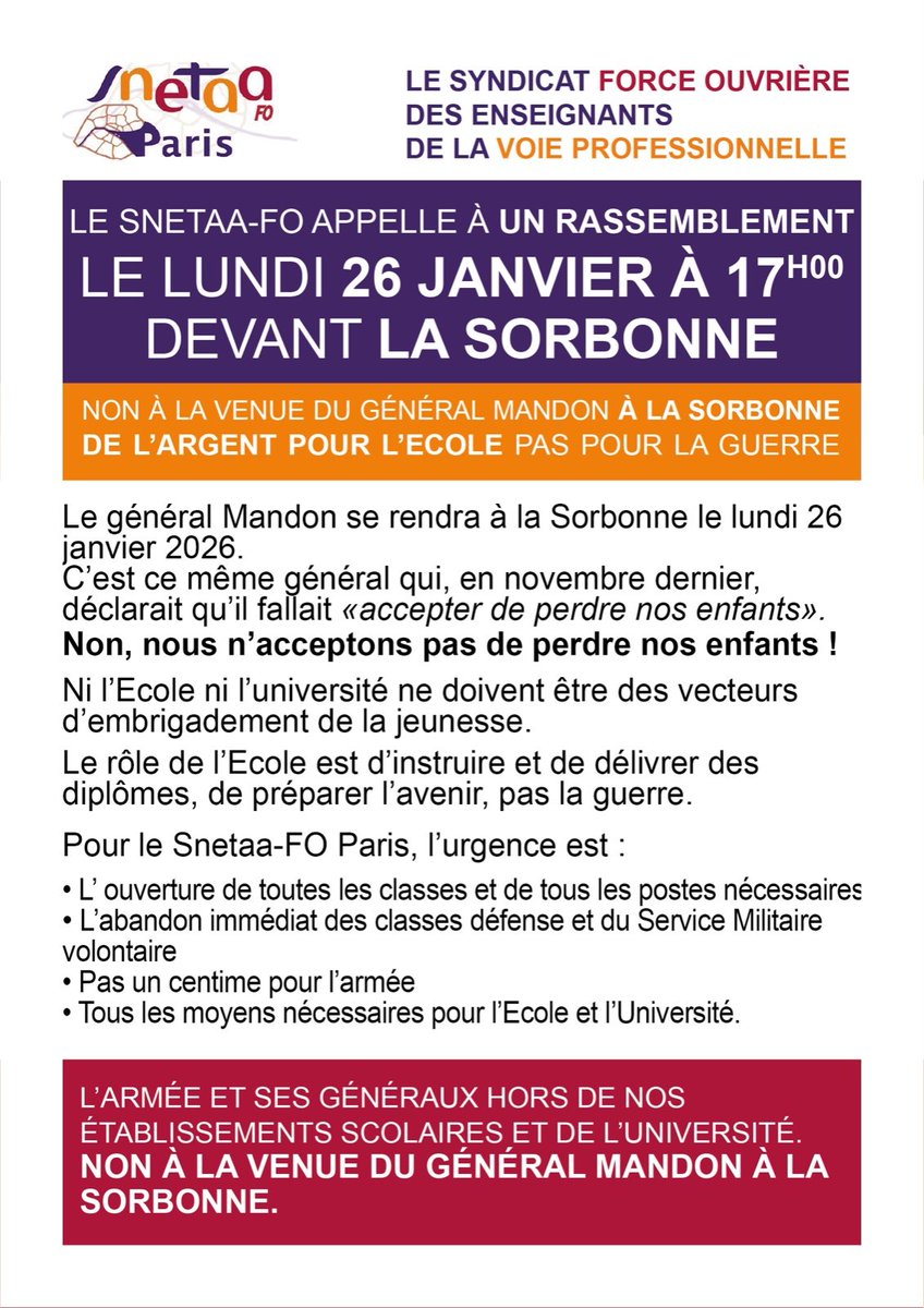 Le SNETAA-FO Paris appelle au rassemblement lundi 26 janvier, 17h00, place de la #Sorbonne