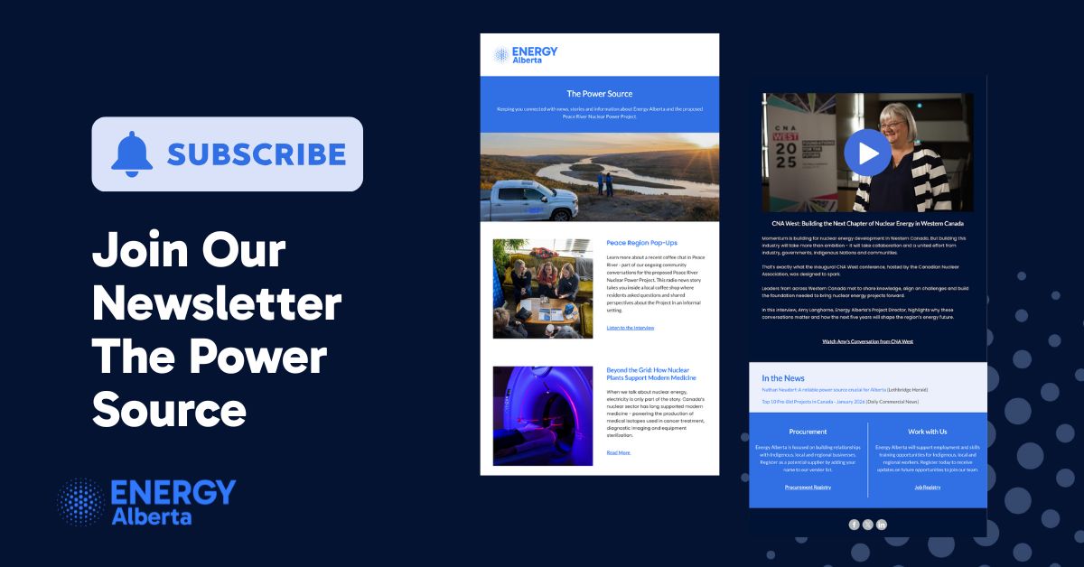 ⚡Get the inside scoop.

The latest Energy Alberta newsletter just dropped! Dive into project milestones for the proposed Peace River Nuclear Power Project, policy developments and insights shaping Western Canada’s clean energy future.

Read the latest edition: