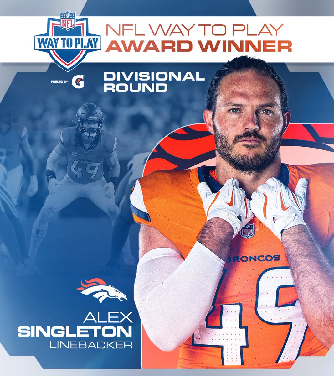 nflplayfootball's tweet image. Alex Singleton’s crucial forced fumble has earned him this week’s Way to Play Award 😤🥇 

Fueled by @gatorade.