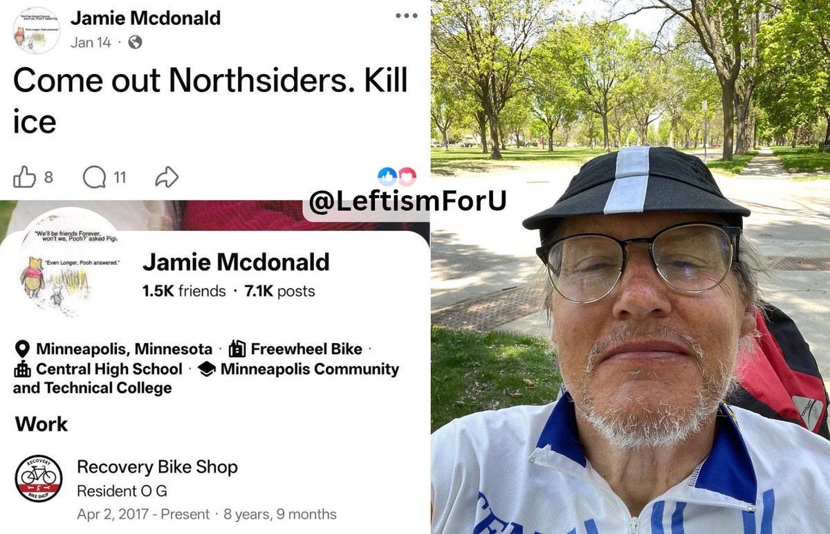 LeftismForU's tweet image. Meet Jamie McDonald of Minneapolis, MN.
Here he is calling for people to kill ICE agents.
He works at Recovery Bike Shop in Minneapolis.