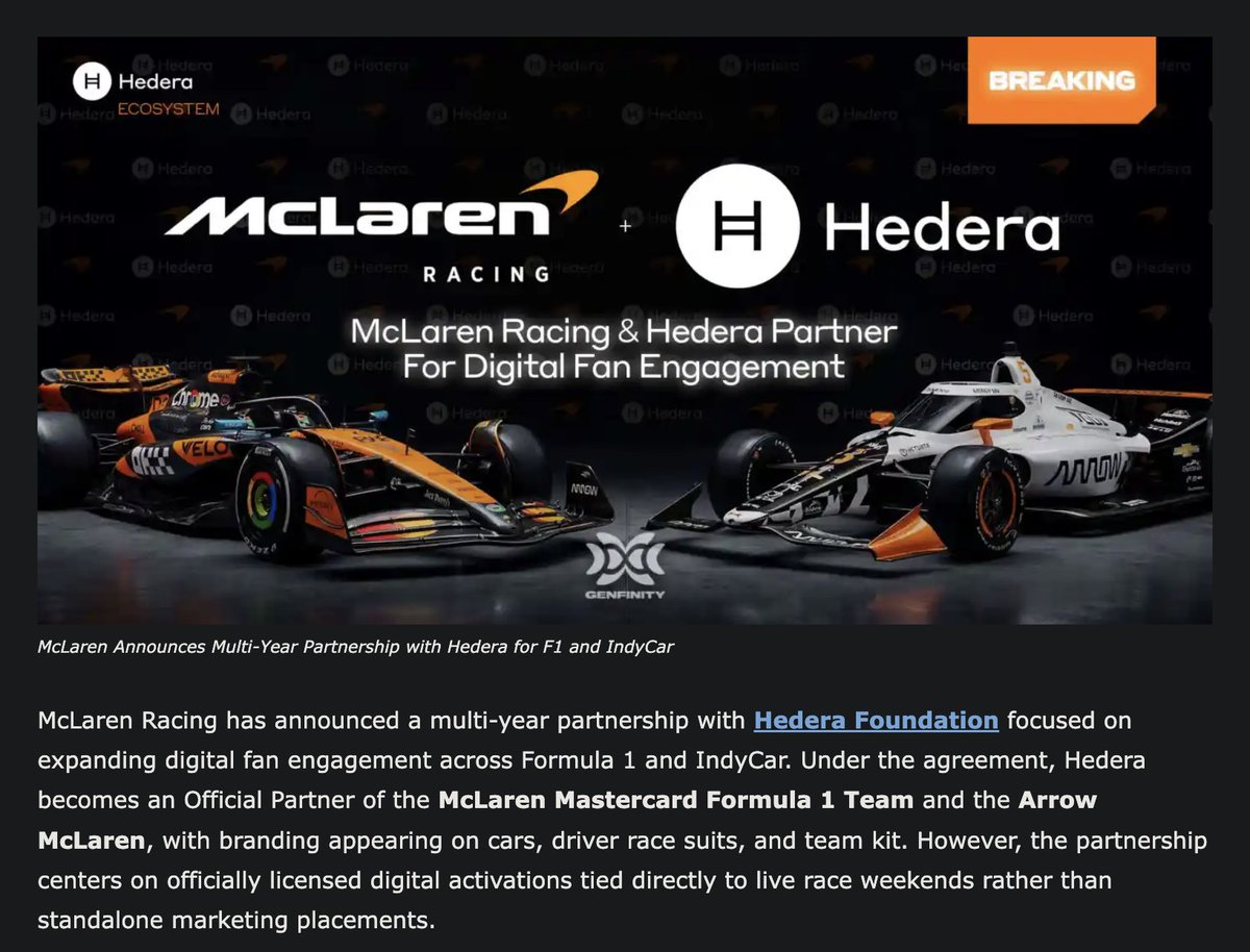 McLaren didn’t pick Hedera $HBAR for fun 🏎️ 

They picked it because speed, finality, and energy use actually matter when you're building real-world Web3 experiences at scale. 

Are you seeing it?