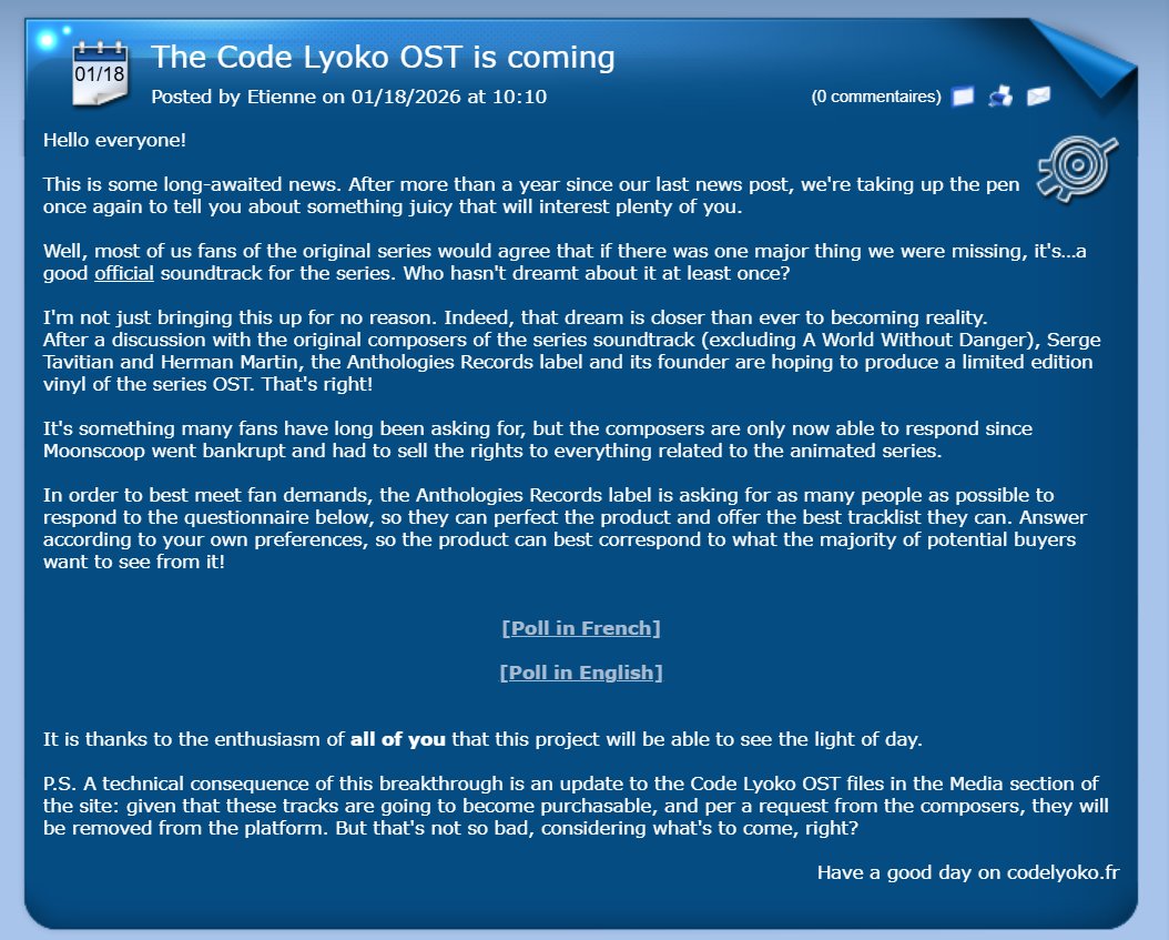 CodeLyokoRES's tweet image. 🔥 CODE LYOKO OFFICIAL NEWS 🔥

The news has been going around on Instagram for several days now, but YES : an OFFICIAL vinyl project should be produced soon, to the greatest delight of us fans!

And that’s 20 years after the end of the series!

To this day, the show’s OSTs have…