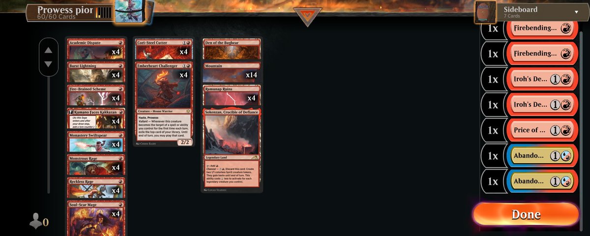 Doing mtg sidequests going well. Didn't know what mobile game to play so went back to arena. Had only quite old red cards so decided to play pioneer (xD) R prowess. Still don't know what to think about this dead format but prowess is really sweet (and probably a bit overpowered)