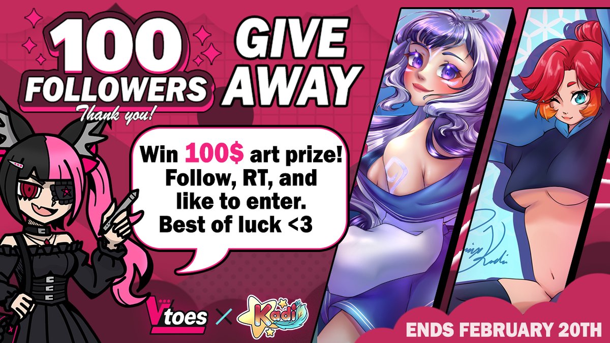 🎉 100 FOLLOWERS GIVEAWAY 🎉

We teamed up with <a href="/Kadi_Vt/">Pheonix Kadi VT🌟🦚 | VBingy</a>  to celebrate 100 followers!

💖 Win a $100* art prize
👉 Follow <a href="/VToesOfficial/">VToes 🦶 VTuber AGENCY (APPLY NOW)</a>
👉 RT + Like this post
👉 Comment your OC (optional)

⏰ Ends February 20th — good luck! ✨

Make sure to show some love to the amazing artist