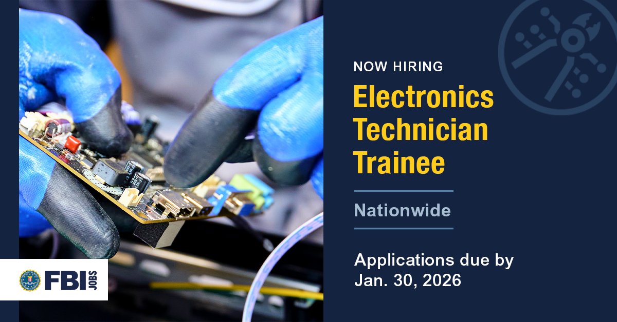 FBIJobs's tweet image. Becoming an #FBI #electronics technician trainee could be the next step in your career. Build your skills through applied #technical work, learn from experienced professionals, and protect communities nationwide. Set yourself apart today to create a strong future tomorrow. Apply
