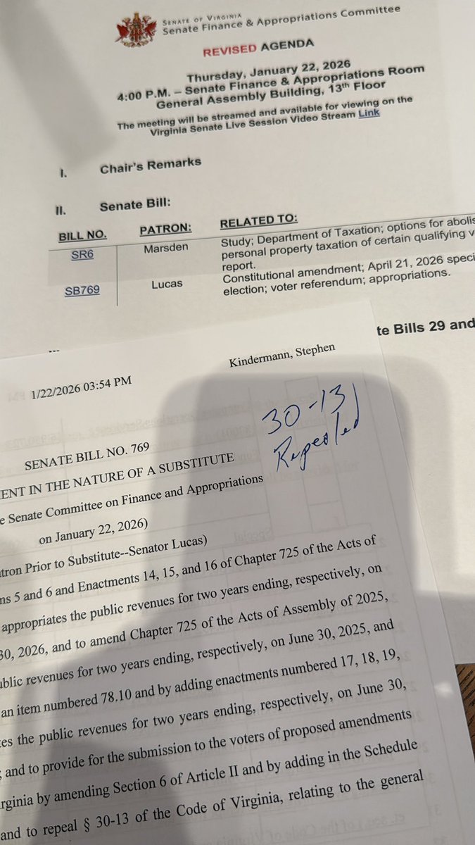 MarkObenshain's tweet image. Senate Dems concede that they have violated Va law by failing to give proper public notice of their gerrymandering constitutional amendment. This pm (ironically with no notice to the public) they moved to repeal the problematic law - retroactive to 1971!