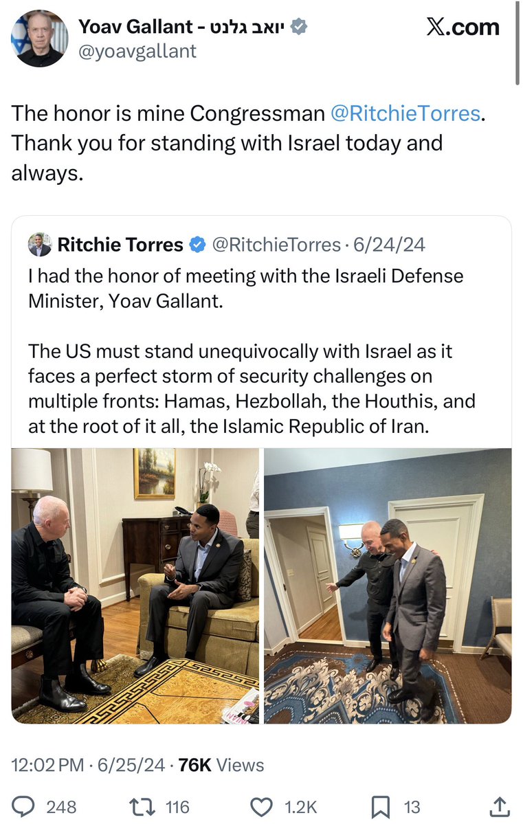 JosBtrigga's tweet image. Here’s Congressman Ritchie Torres meeting with genocidal war criminal Yoav Gallant.

This is who I will unseat in the upcoming election. 

It will be a victory for humanity.