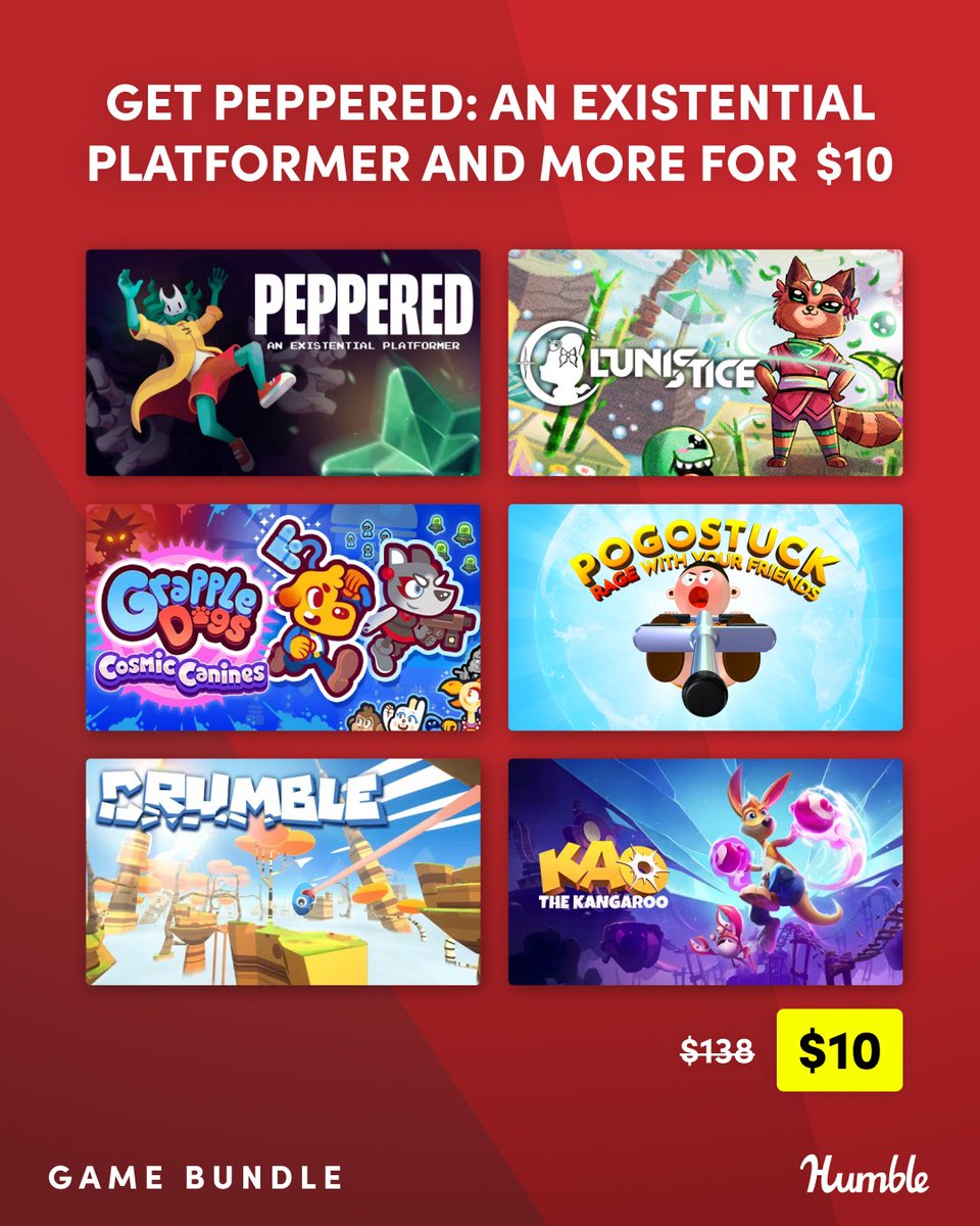 Jump for joy with the Playful Platformers 2026 bundle featuring:

- Peppered: An Existential Platformer
- Lunistice
- Super Kiwi 64
- and more! Supports @td_foundation | bit.ly/3YzJ3Ai