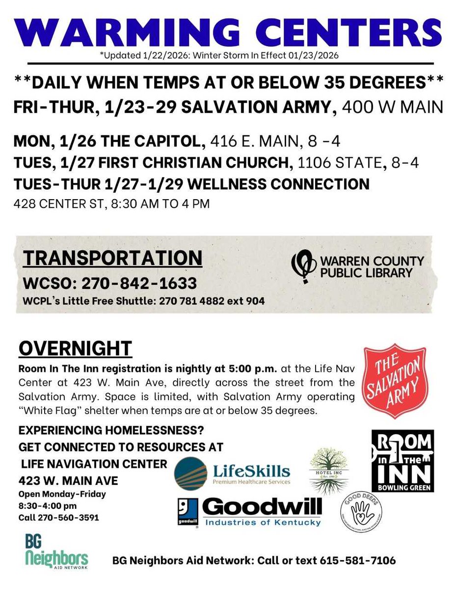 Please see the flyer below for warming center information. Please be safe and take precautions for the incoming weather.