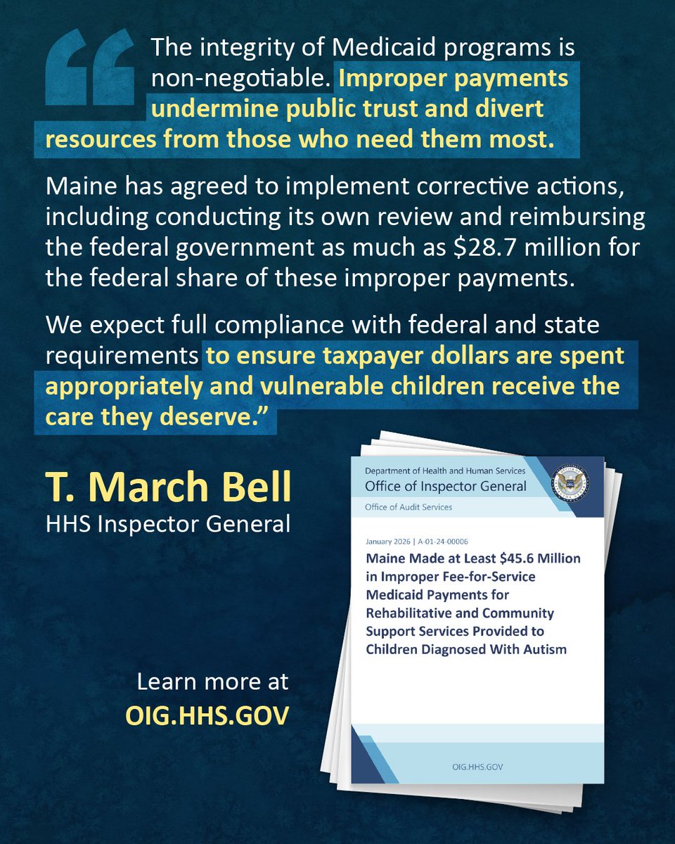 OIGatHHS's tweet image. #PressRelease: HHS-OIG today announced the release of an audit report finding that Maine made at least $45.6 million in improper fee-for-service Medicaid payments for rehabilitative and community support services provided to children with autism. direc.to/fTkw