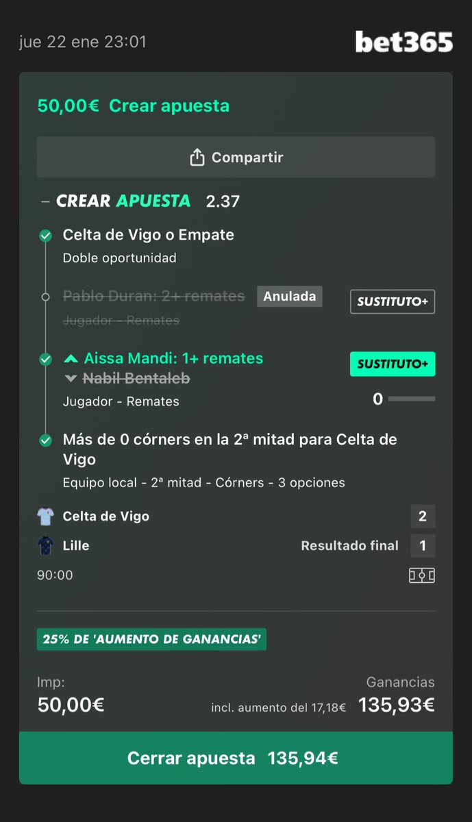 Funbet (stake 0.5) | Cuota 2.70 ✅

Una pena la suplencia de Durán porque era una cuota 4 que salía sola, me molaba mucho

Respetamos el stake como siempre os digo, y salimos un día más con beneficios y encima en la EUL🫡