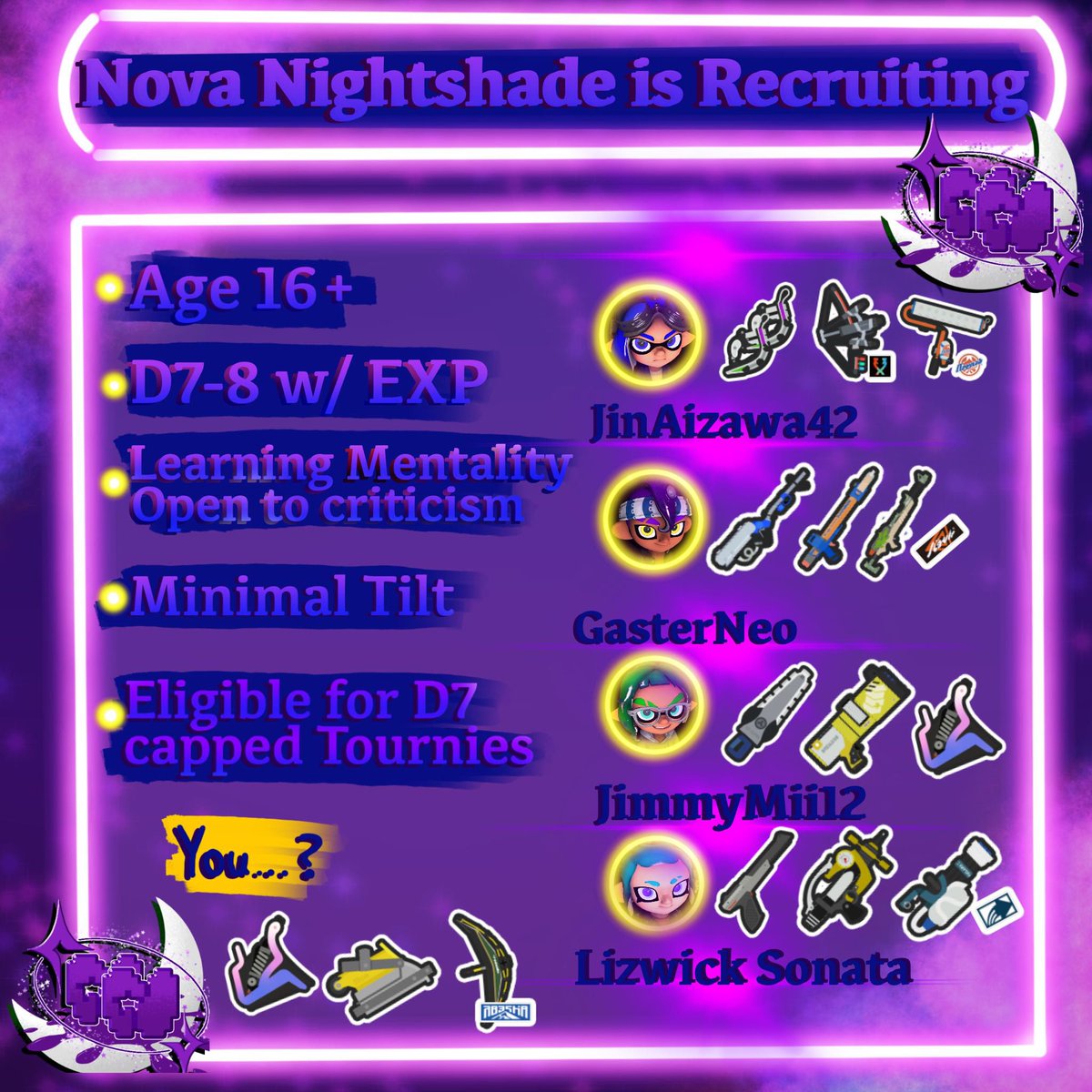 _NovaNightshade's tweet photo. Now it’s time to announce. We’re back in action and back to recruitment!

Nova Nightshade is looking for a 5th Member again. Although.. we’re planning on playing a little differently this time around.

Art made by HiroTheConquerer (on 🔵Sky) https://t.co/ROCGDWnxau