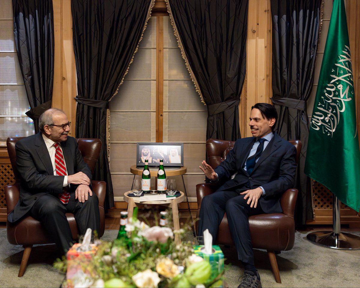 KSAmofaEN's tweet photo. #SaudiAtDavos | Foreign Minister HH Prince @FaisalbinFarhan met with Prime Minister of Lebanon, Dr. Nawaf Salam, on the sidelines of the World Economic Forum Annual Meeting, Davos 2026. 

#WEF26 https://t.co/ogdsv5t2Cu