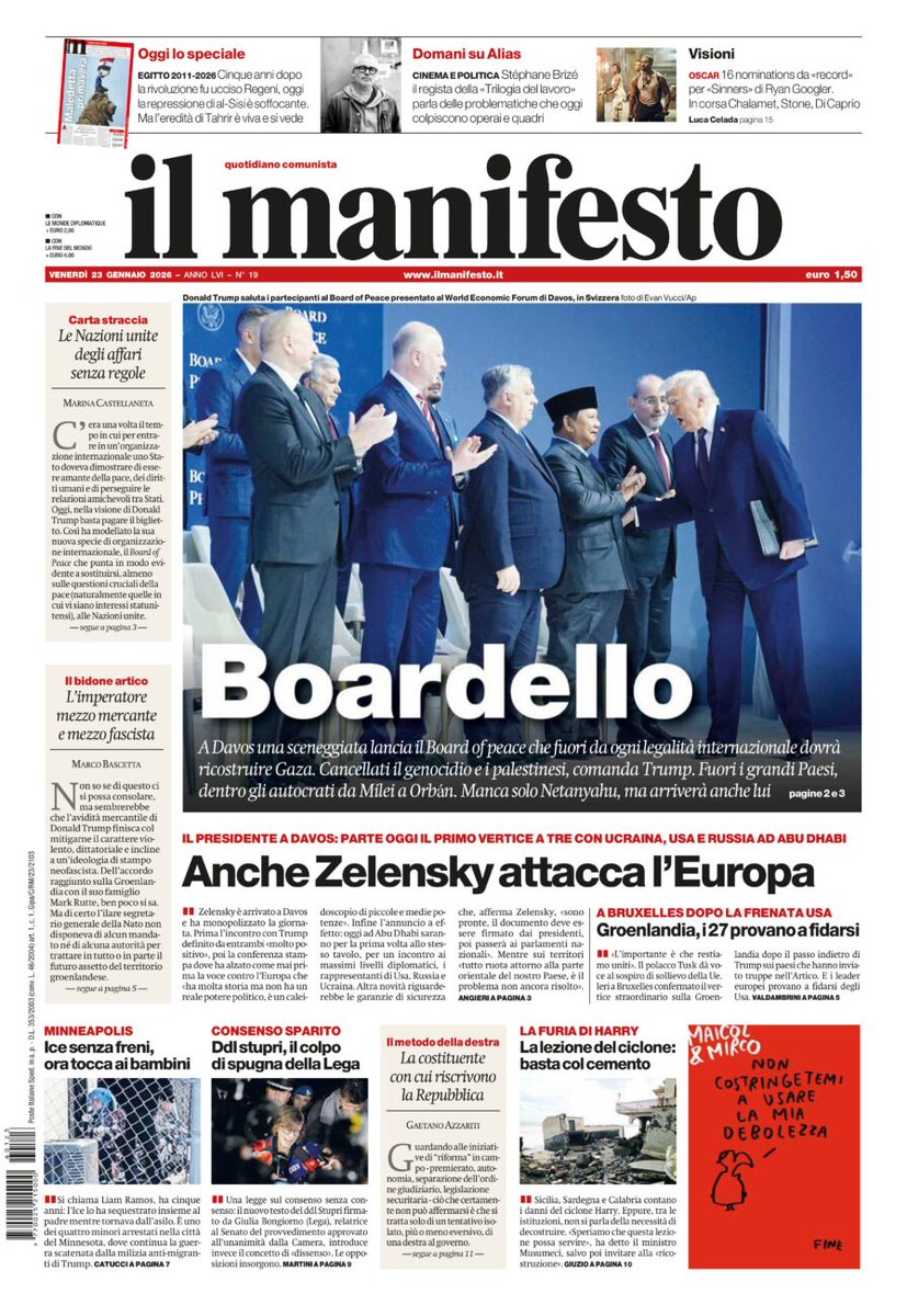 A Davos una sceneggiata lancia il Board of peace che fuori da ogni legalità internazionale dovrà ricostruire Gaza. Cancellati il genocidio e i palestinesi, comanda Trump. Fuori i grandi Paesi, dentro gli autocrati da Milei a Orbán. Manca solo Netanyahu, ma arriverà anche lui