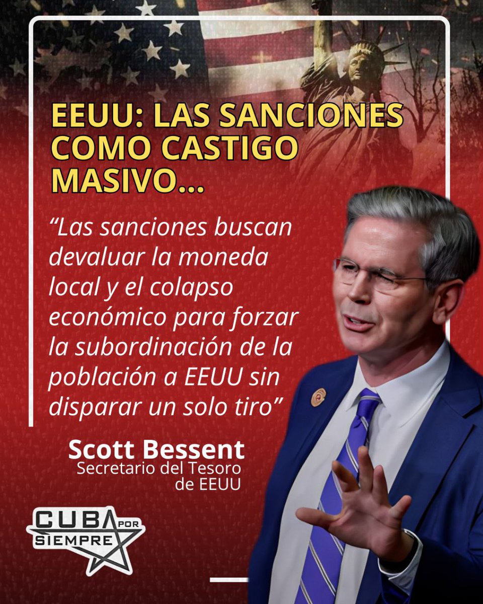 En una d las confesiones+explícitas sobre la“guerra no militar”d Washington,Bessent reveló q las sanciones a Irán fueron diseñadas pa devaluar su moneda y colapsar su economía.Describi esta táctica como una “política d Estado económica, sin disparar un solo tiro”
@CubaXSiempre