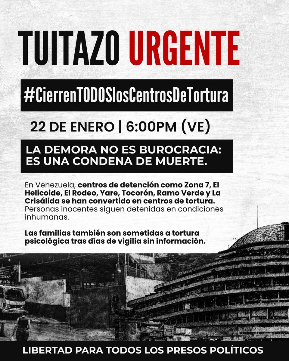 clippve's tweet photo. 📣COMIENZA TUITAZO | #CierrenTODOSLosCentrosDeTortura

Hoy 22 de enero alzamos la voz en redes para exigir el cierre inmediato de todos los centros de tortura en Venezuela. El Estado sigue matando personas bajo custodia, manteniéndolas en condiciones inhumanas y retrasando excarcelaciones anunciadas que nunca llegan.

El Helicoide, El Rodeo I, Guaicaipuro, Zona 7, Yare, Tocorón, Tocuyito, El INOF, Ramo Verde, La Crisálida y calabozos policiales ya no son cárceles: son espacios de tortura, incomunicación, abandono médico y castigo también contra las familias.

En menos de dos meses dos presos políticos murieron bajo custodia del Estado en Zona 7 y El Helicoide esperando ser liberados. No fue un accidente: fueron muertes prevenibles.

Al 20 de enero, las excarcelaciones anunciadas alcanzan menos del 10%, mientras más de 1.000 personas siguen injustamente detenidas. El retraso también es tortura.

¡Súmate! Postea con los hashtags: #CierrenTODOSLosCentrosDeTortura #QueSeanTodos

En la siguiente carpeta consiguen material de campaña ➡️https://t.co/nprmkaSoRo

Publica, denuncia, nombra los centros y suma voces.
Cada centro abierto es una amenaza. Cada día de silencio es complicidad.

Cerrar los centros de tortura es salvar vidas.