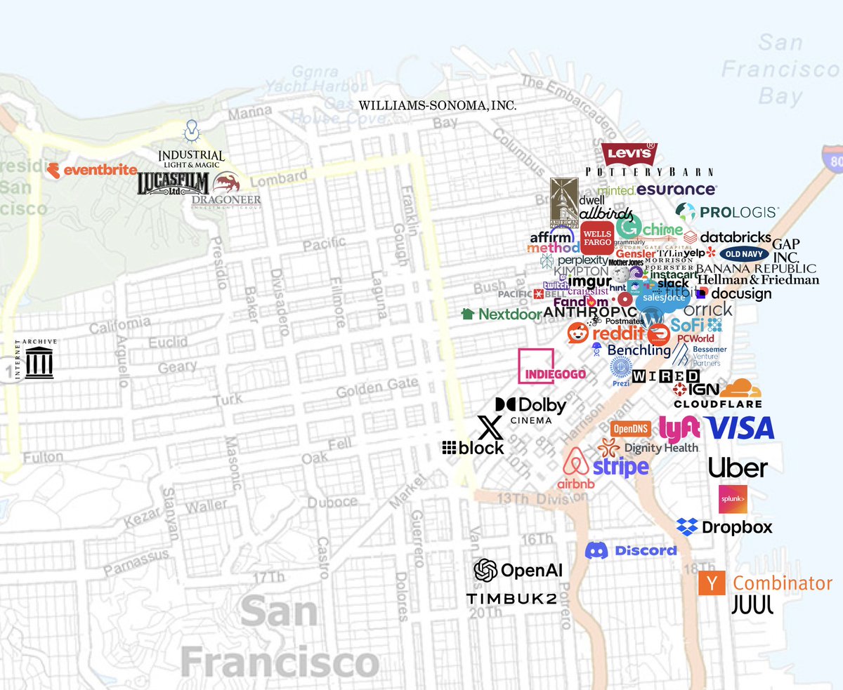 Civixplorer's tweet photo. Map of company hubs in San Francisco 🇺🇸 https://t.co/Eiv8Tgb6eu