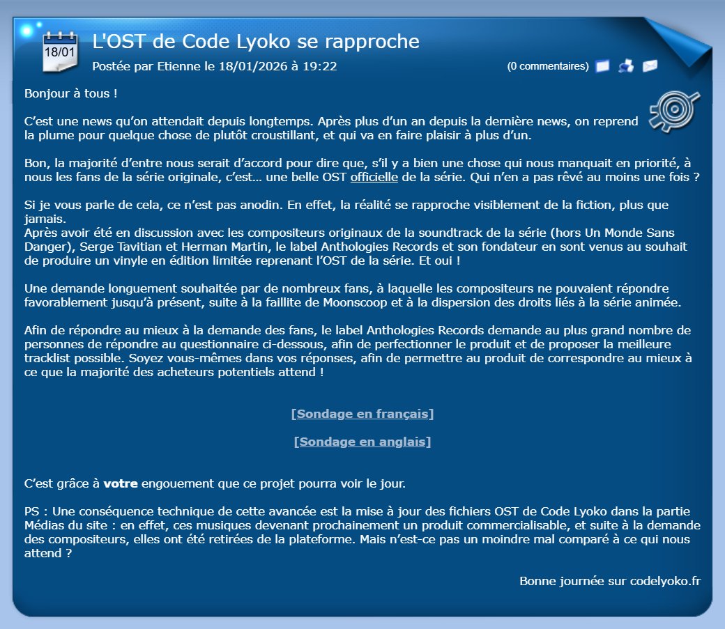 CodeLyokoRES's tweet image. 🔥 CODE LYOKO OFFICIAL NEWS 🔥

The news has been going around on Instagram for several days now, but YES : an OFFICIAL vinyl project should be produced soon, to the greatest delight of us fans!

And that’s 20 years after the end of the series!

To this day, the show’s OSTs have…