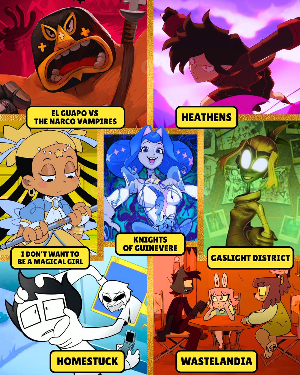 TheCartoonBase's tweet image. Cartoon Base Awards nominees for Best Pilot:

• Heathens
• Homestuck
• Wastelandia
• Gaslight District
• Knights of Guinevere
• El Guapo vs The Narco Vampires
• Pretty Pretty Please I Don’t Want to be a Magical Girl

Vote for the best pilot in the replies!