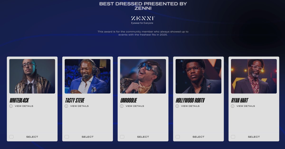 Voting for the <a href="/Evo/">Evo</a> Awards is now live at evo.gg/awards!

Who was the best dressed of 2025, and what will <a href="/RobTeeVee/">Hollywood RobTV 📸</a>'s reaction be to the winner this year? 😎

#EvoAwards <a href="/WhiteBl4ck/">NSxC|WhiteBl4ck</a> <a href="/Tasty_Steve/">Steve Scott</a> <a href="/unrooolie/">UnRooolie aka Quilombo</a> <a href="/RyanJosephHart/">Ryan Hart</a>