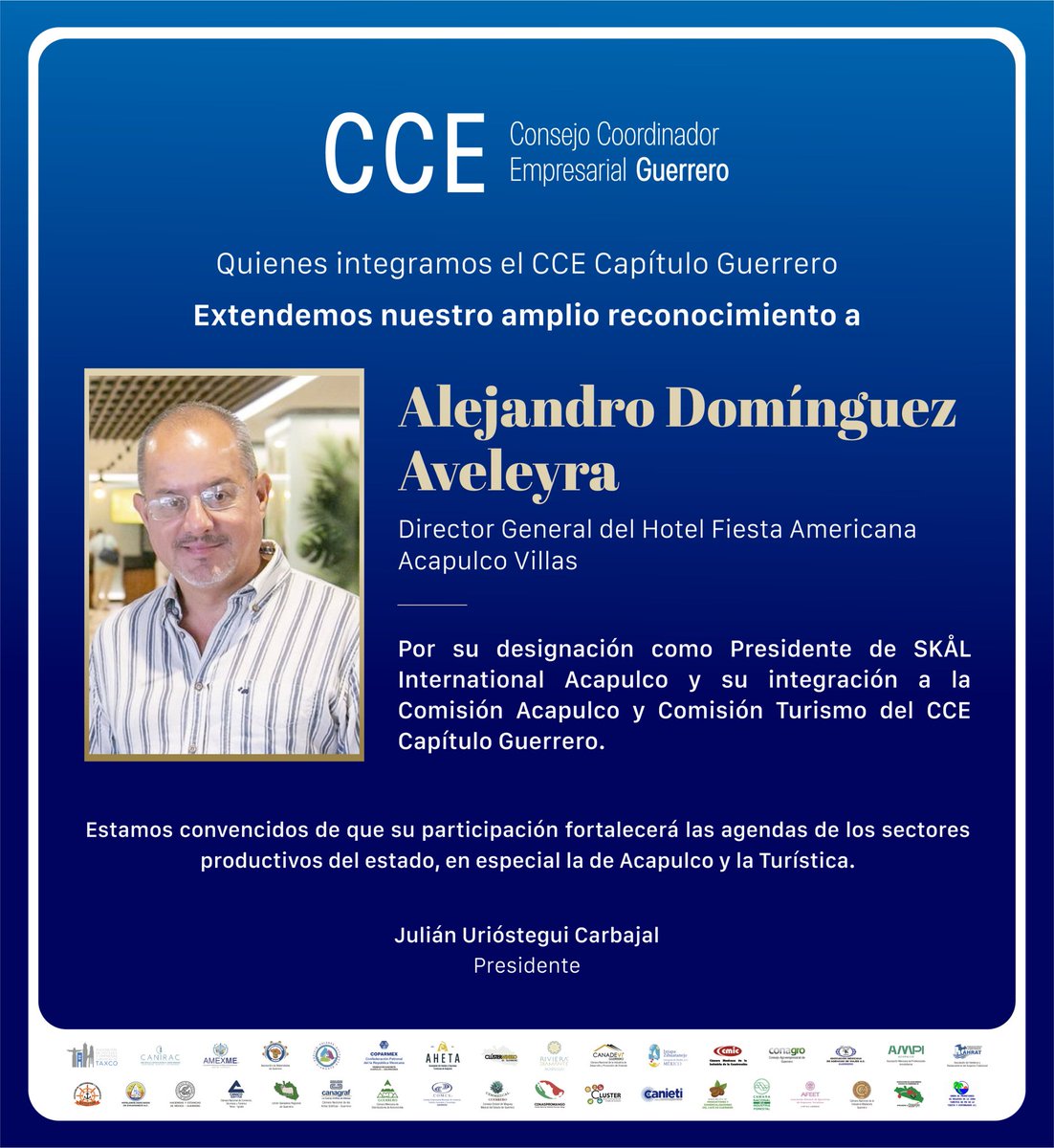 Quienes integramos el <a href="/CCEGRO_oficial/">Consejo Coordinador Empresarial Gro</a> extendemos nuestro amplio reconocimiento a:

ALEJANDRO DOMÍNGUEZ AVELEYRA (<a href="/alejand62093270/">Alejandro Dominguez Aveleyra</a>)
Director General del Hotel Fiesta Americana Acapulco Villas

Por su designación como Presidente de SKÅL International (<a href="/Skal_Intl/">Skål International</a>)  Acapulco y su