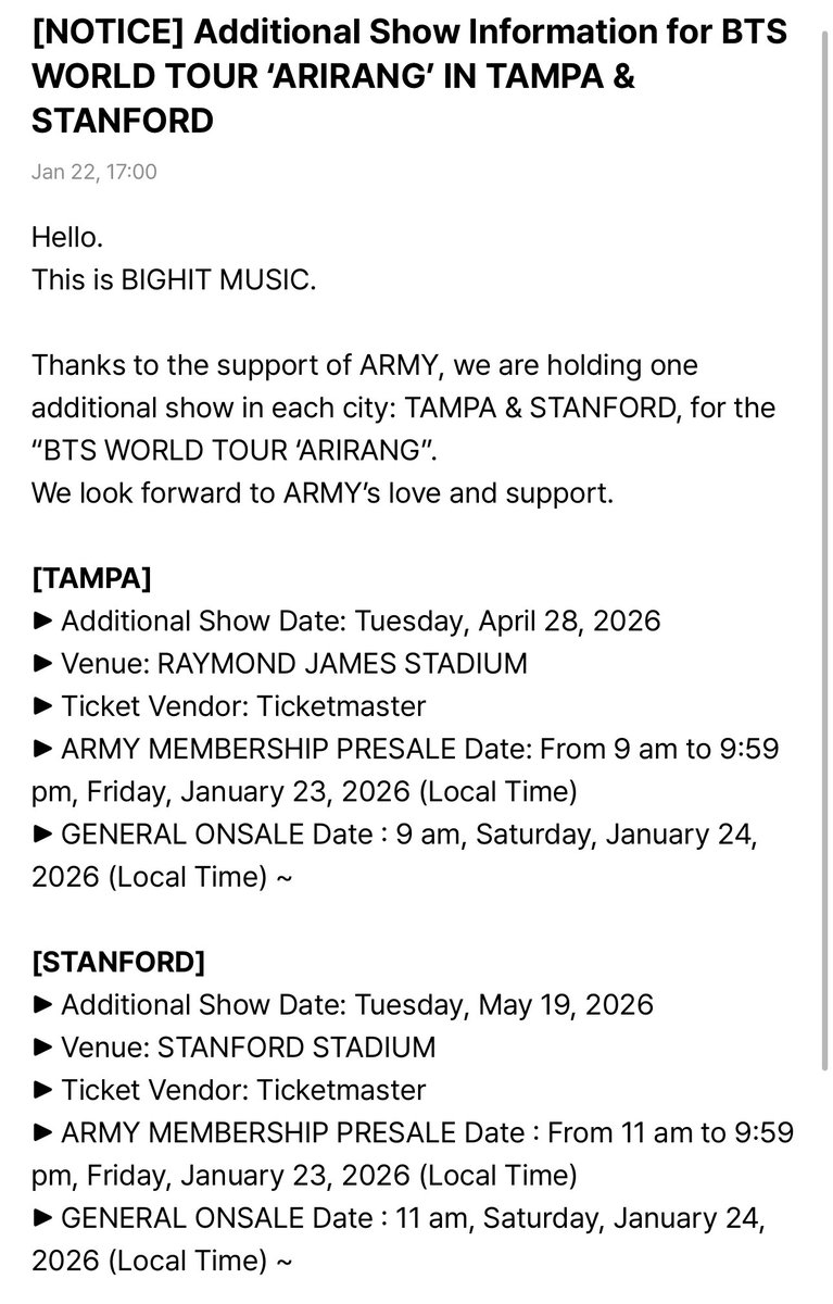 [NOTICIA]

#BTS anuncian SHOWS ADICIONALES para la gira #BTS_ARIRANG en TAMPA y STANFORD 🇺🇸 ‼️

<a href="/BTS_twt/">방탄소년단</a> #BTS_WORLDTOUR