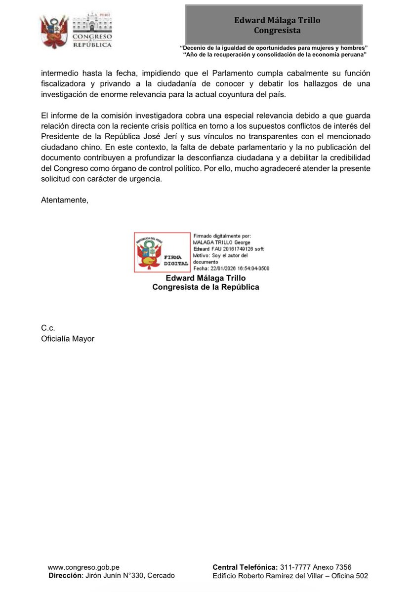 🚨 Solicitamos convocar con urgencia a Junta de Portavoces para cancelar la Semana de Representación y citar a un Pleno extraordinario para debatir el informe final sobre las irregularidades en obras y licitaciones de empresas chinas, que menciona a Zhihua Yang como su operador.