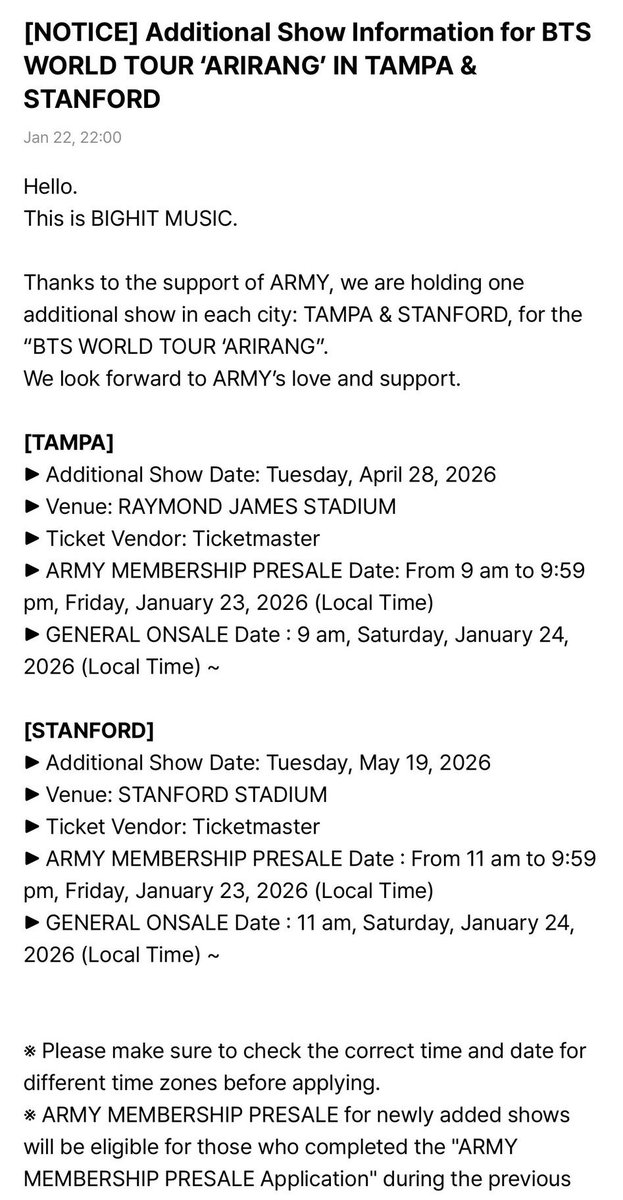 btsdatarchive's tweet photo. Due to overwhelming demand, BTS has added additional shows for the ARIRANG Tour in Tampa &amp; Stanford, before going on general sale. 

Tampa — Raymond James Stadium, April 28th🆕 Capacity: 75,000

Stanford — Stanford Stadium, May 19th🆕 Capacity: 50,424 https://t.co/BkzNUTv03j