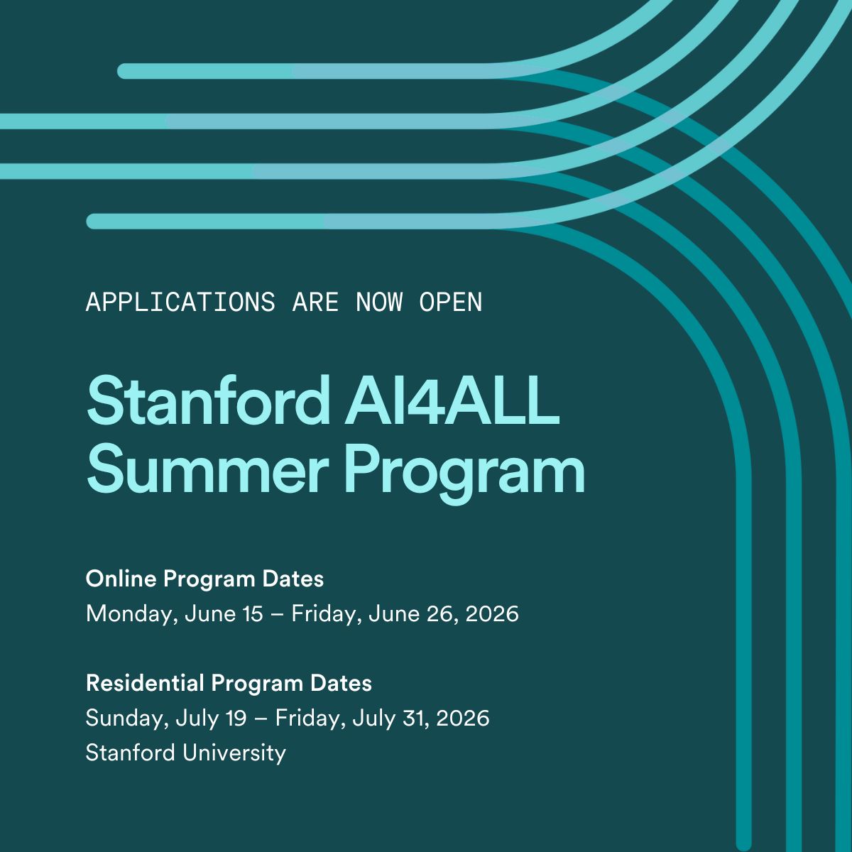 Applications are open for the Stanford AI4ALL summer program! Current 9th graders can learn AI from Stanford researchers and build projects that make a real impact. Online &amp; residential options available. Financial aid offered. Apply now: ai4all.spcs.stanford.edu