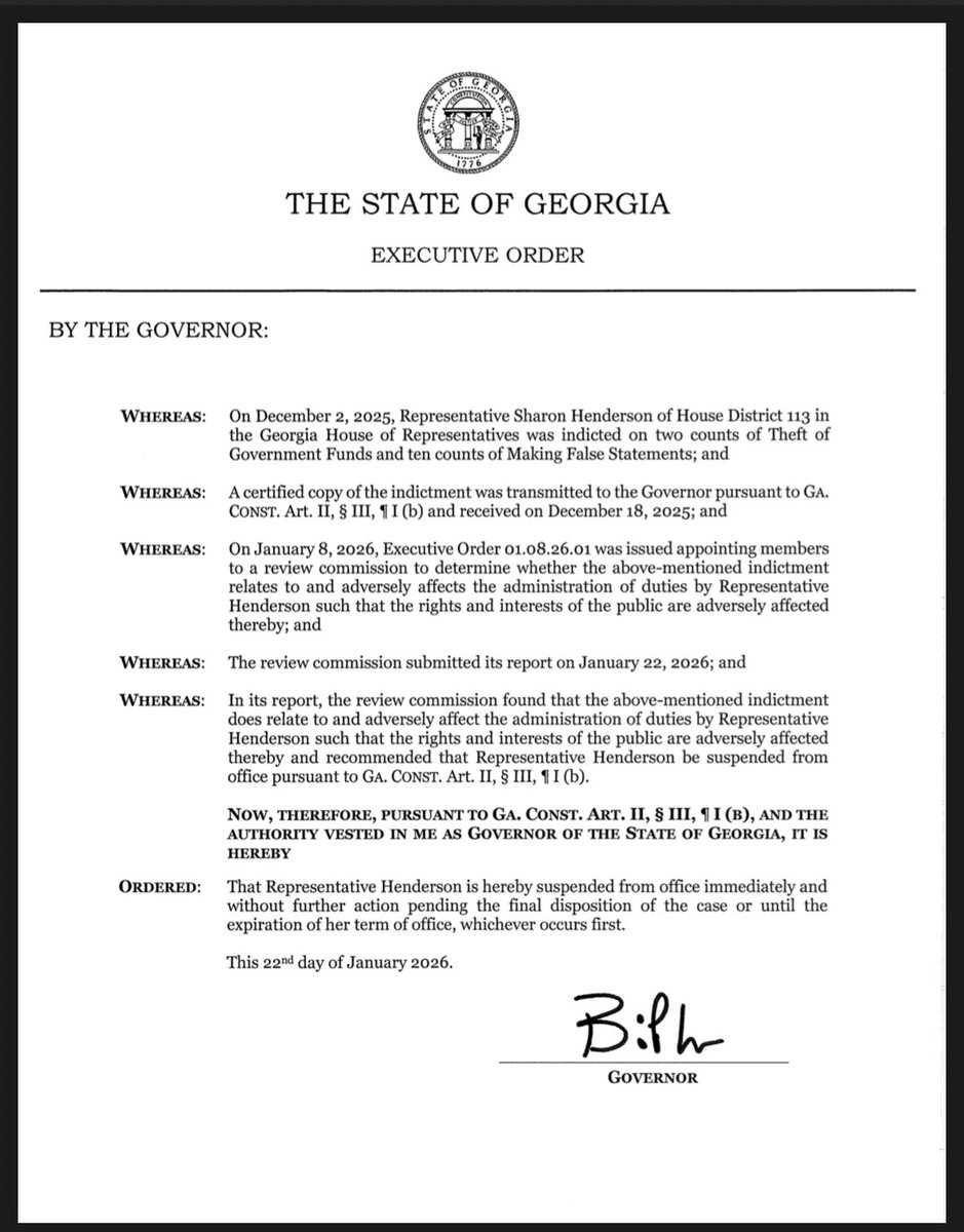 BREAKING NEWS: Governor Brian Kemp has suspended Democratic State Representative Sharon Henderson after her federal indictment. #gapol

More on Henderson’s case here: bit.ly/467vfkq